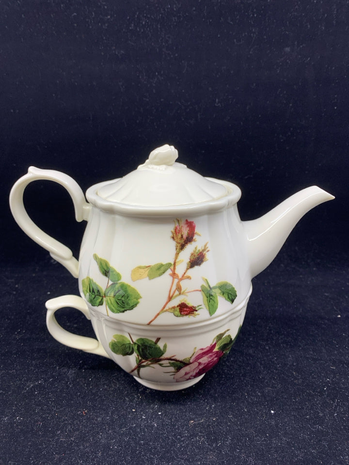 2 PC ROSE PATTERN ANNA GIFFIN TEA FOR ONE- POT + CUP