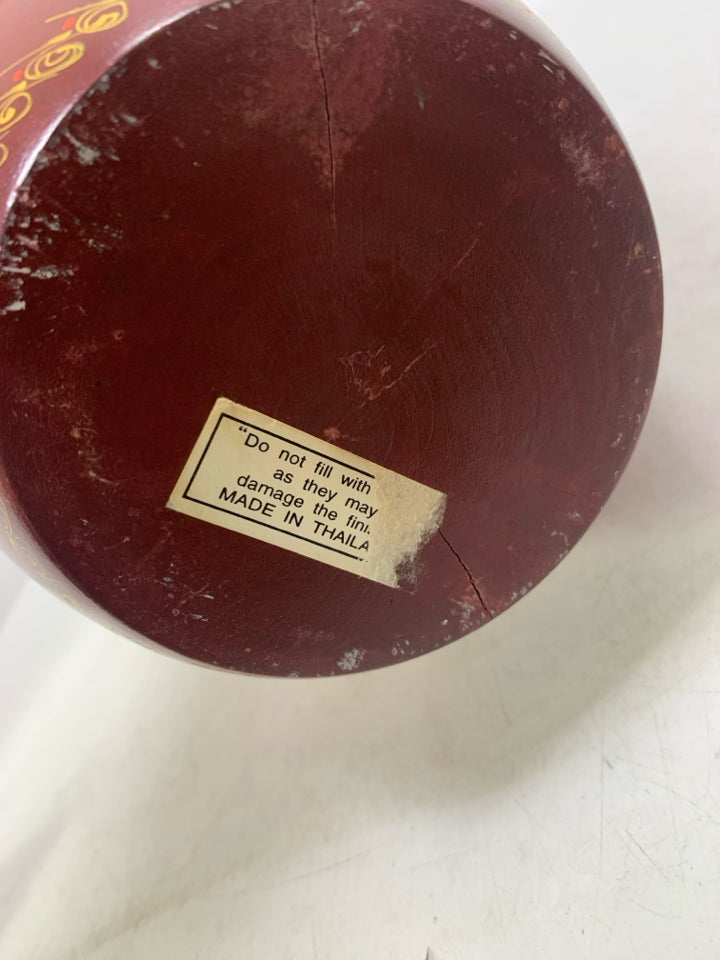 CHERRY WOOD HEAVY DRY VASE W/ PAINTED DETAILS.
