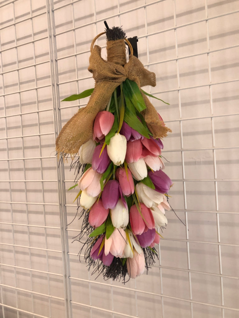 FAUX TULIP BOUQUET W/TWIGS AND BURLAP BOW.