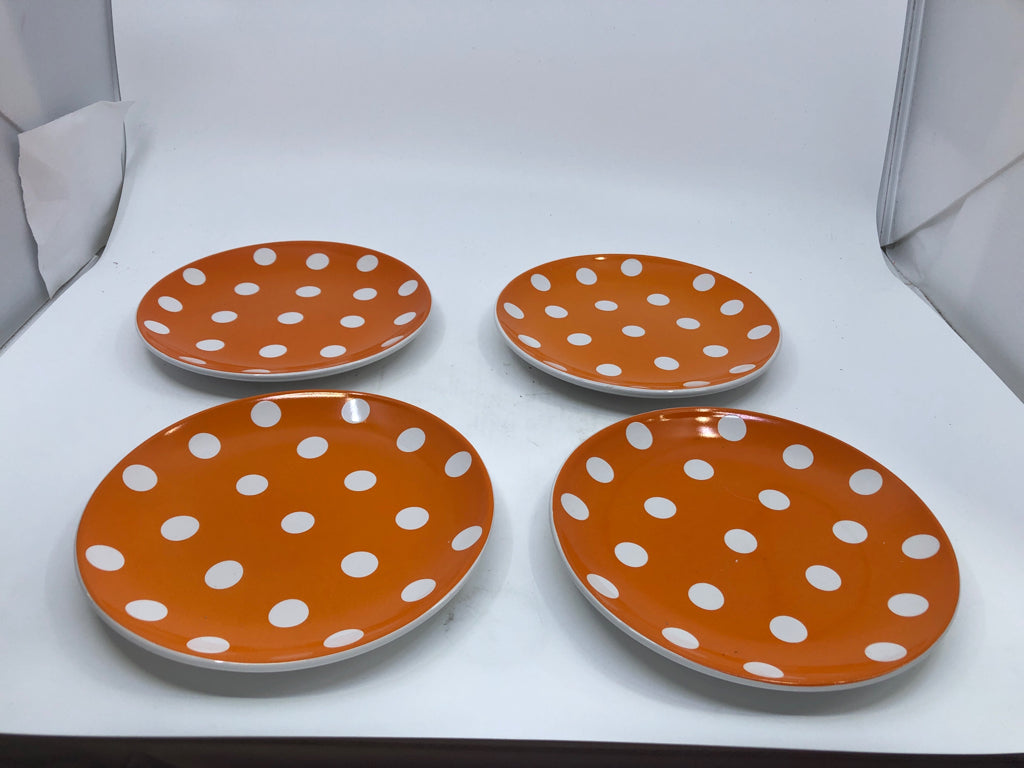 4 ORANGE POLKA DOT PLATES.