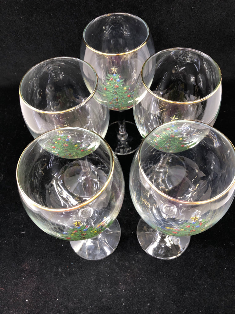 5 TALL WINE GOBLETS CHRISTMAS TREE/GOLD TRIM.