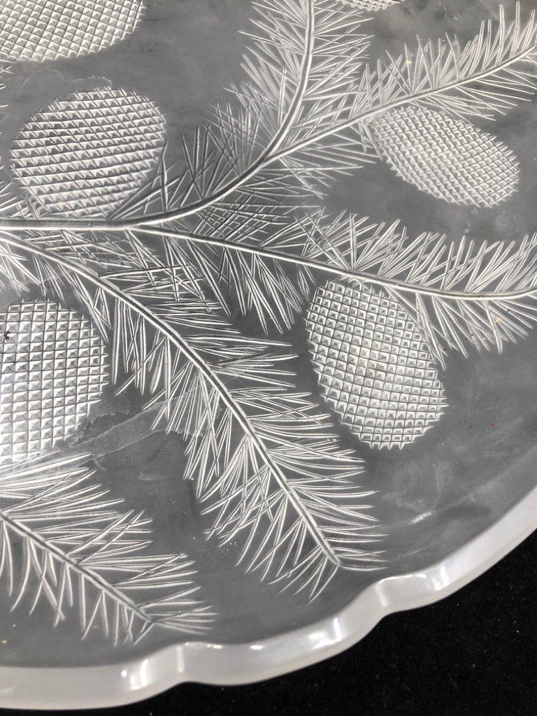 ROUND SMOKEY GLASS PINE LEAVES/PINECONE SERVING PLATTER.