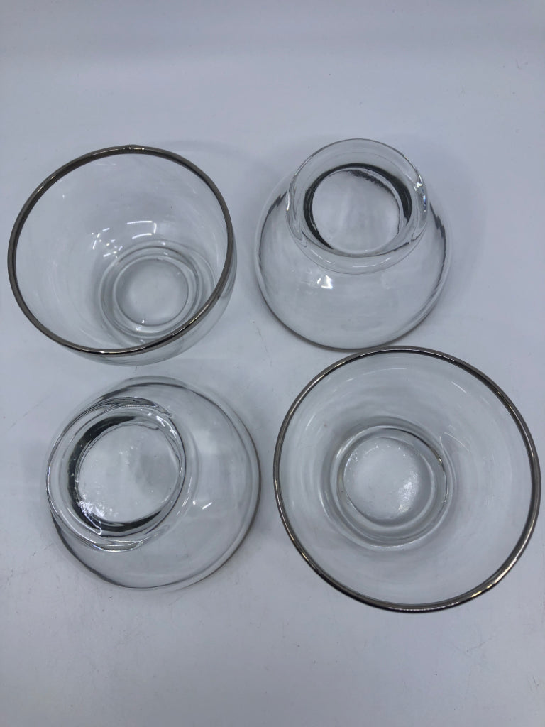 4 DESSERT GLASSES W SILVER RIM.