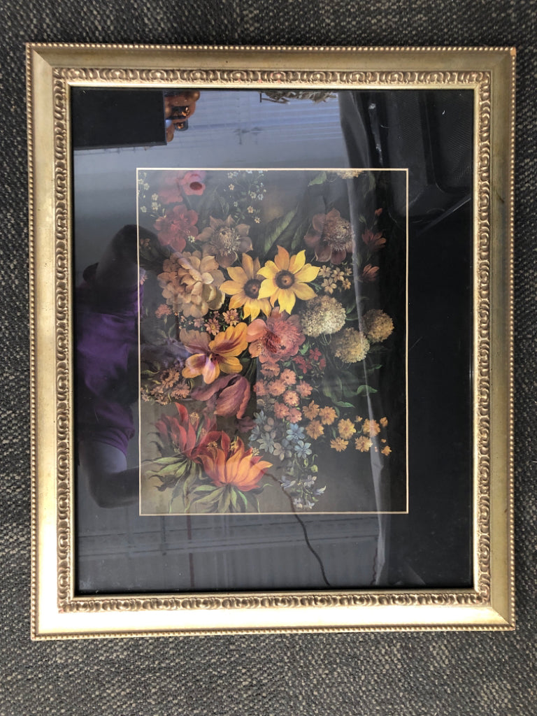COLORFUL FLORAL BOUQUET BLACK BACKGROUND W/ GOLD FRAME.