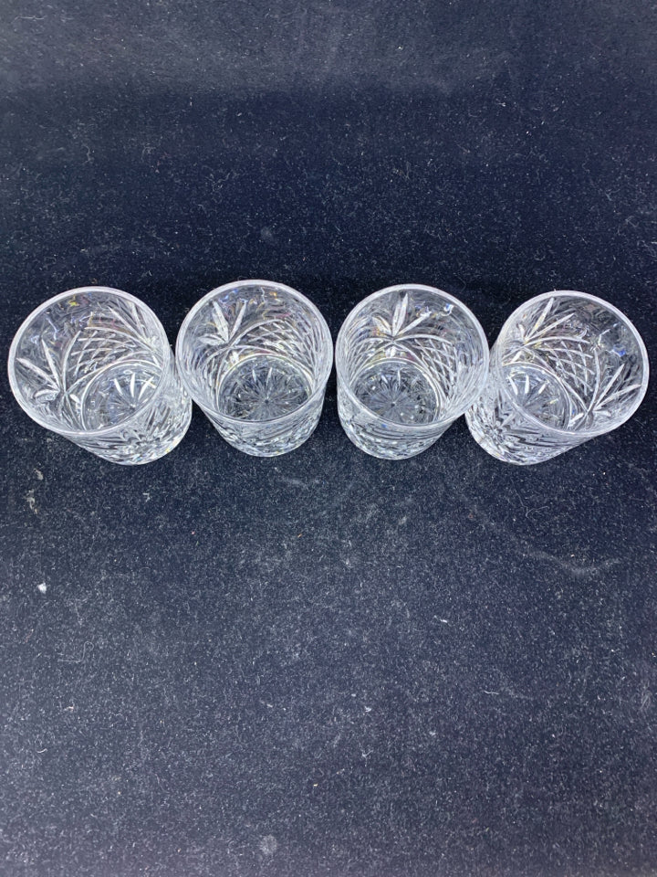 4 ETCHED GLASS CRYSTAL DOUBLE OLD FASHIONED GLASSES.