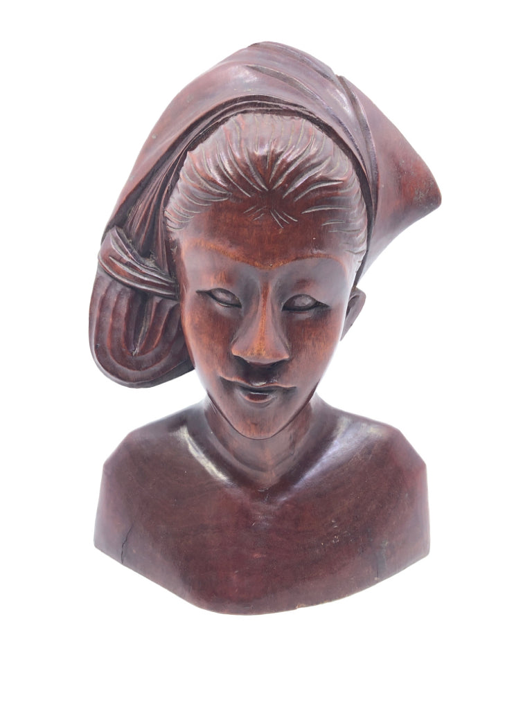 WOODEN ASIAN LADY HEAD STATUE.