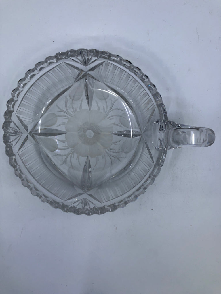 SHALLOW CANDY DISH W/ HANDLE ETCHED FLOWERS+LINES SAWTOOTH EDGE.