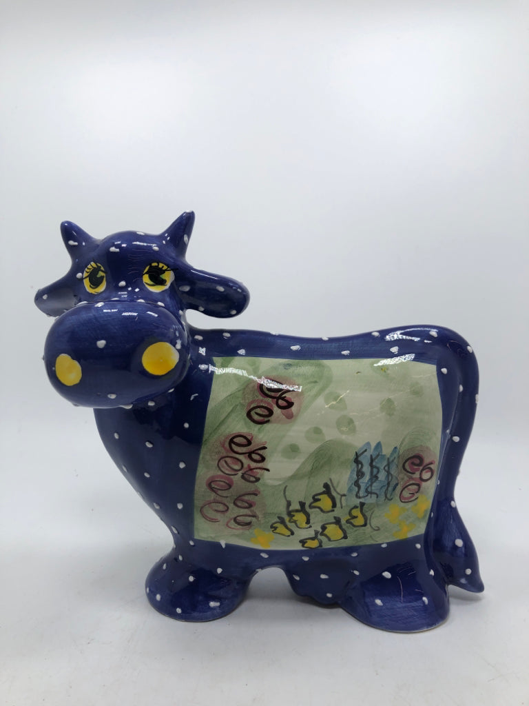 CERAMIC BLUE COW PIGGY BANK.