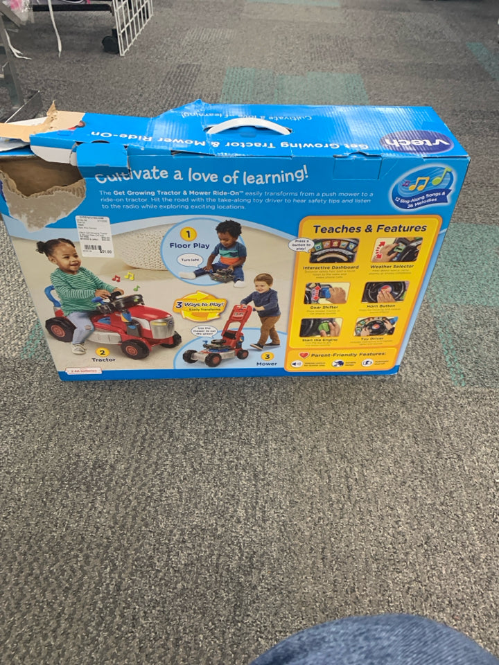 Vtech Get Growing Tractor & Mower Ride-ON NIB *minor rips to box*