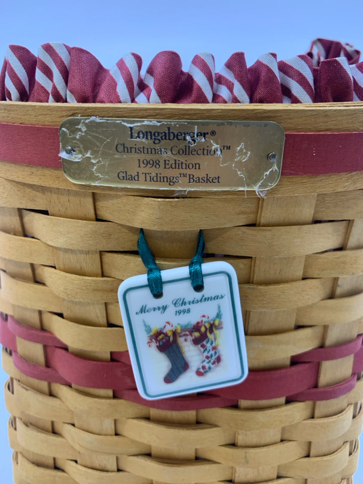 LONGABERGER CHRISTMAS COLLECTION GLAD TIDINGS BASKET 1998 EDITION W/ LINER, INSE