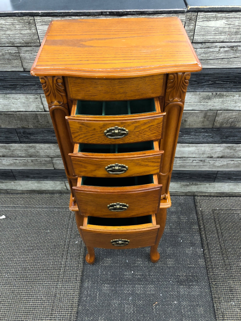 OAK WOOD 4 DRAWER JEWELRY ARMOIRE.