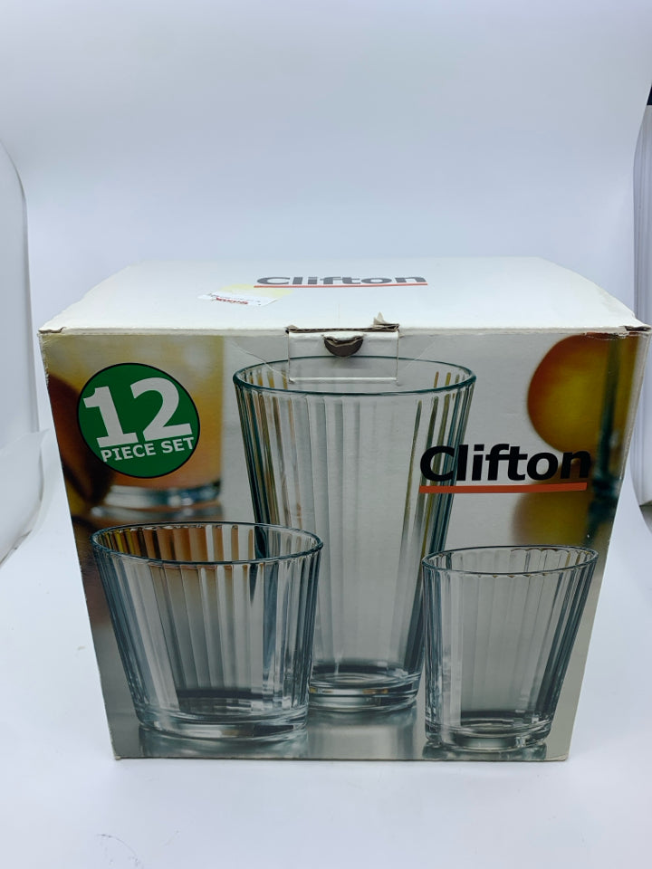 NIB CLIFTON 12 PC GLASS SET.