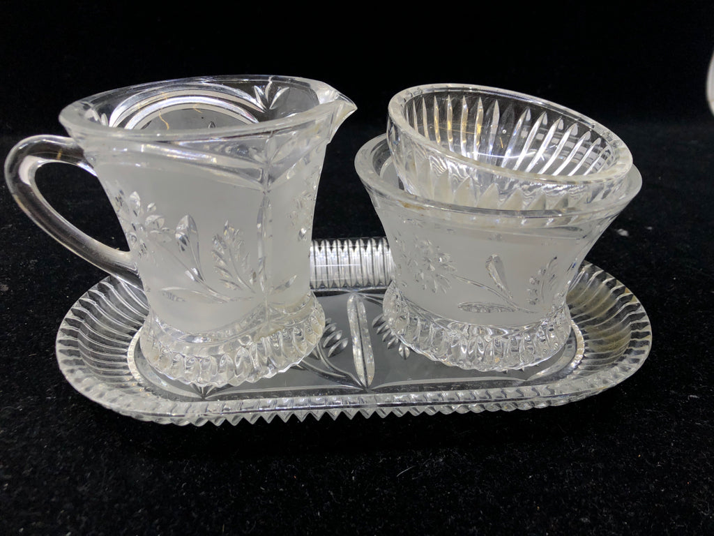 3PC FLOWER ETCHED GLASS SUGAR/CREAMER SET.