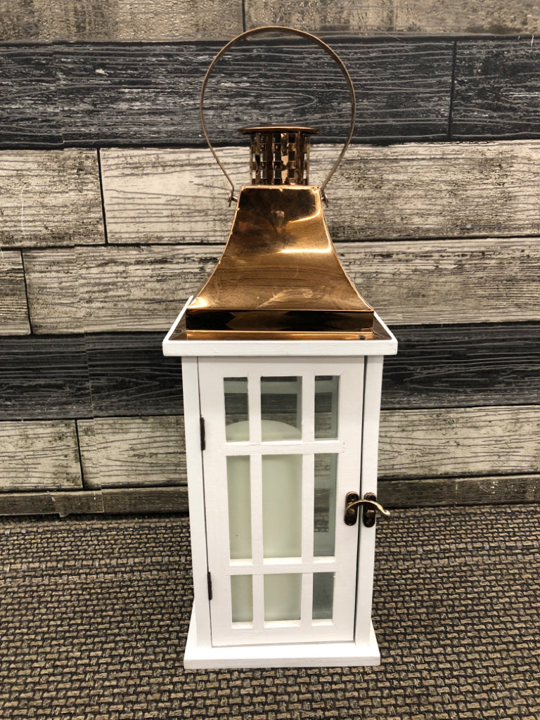 WHITE WOOD + COPPER FAUX CANDLE LANTERN.