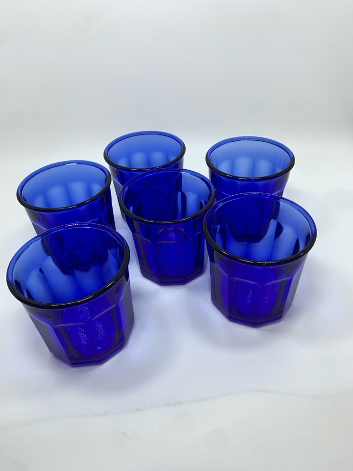 6 SM BLUE GLASS TUMBLERS MADE IN FRANCE.