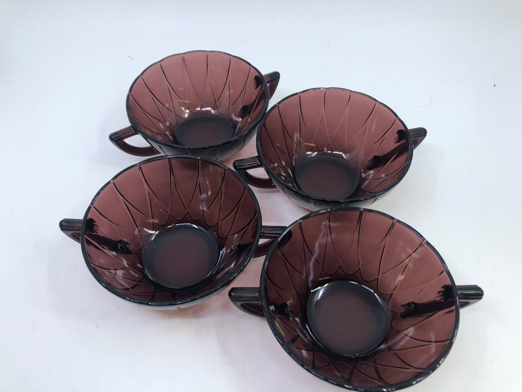 4 VTG PURPLE DOUBLE HANDLE SOUP BOWLS.