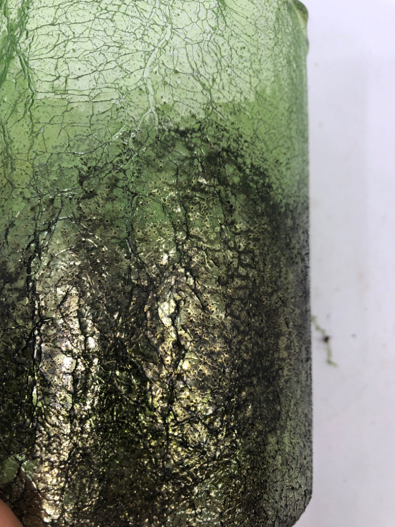 SHIMMER GREEN GLASS CANDLE HOLDER.