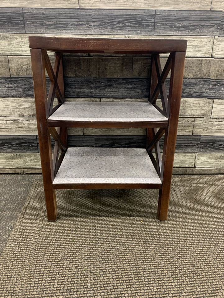 2 TIER DK WOOD GREY TOP SIDE TABLE.