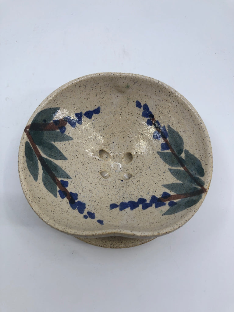 SMALL BLUE POTTERY BERRY STRAINER.