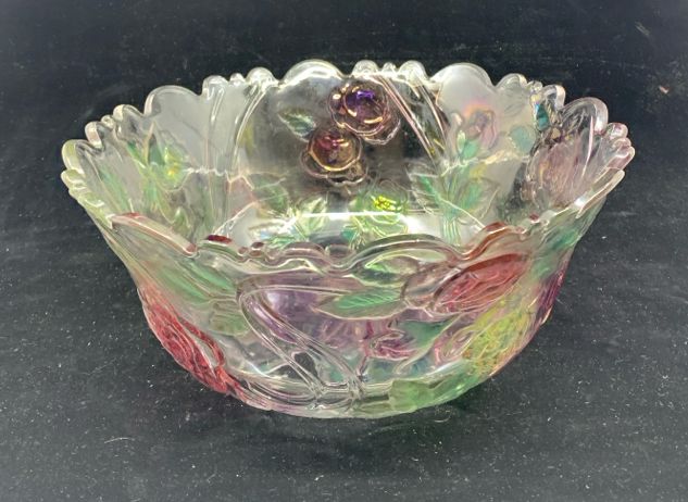 EMBOSSED PINK AND PURPLE FLORAL BOWL.