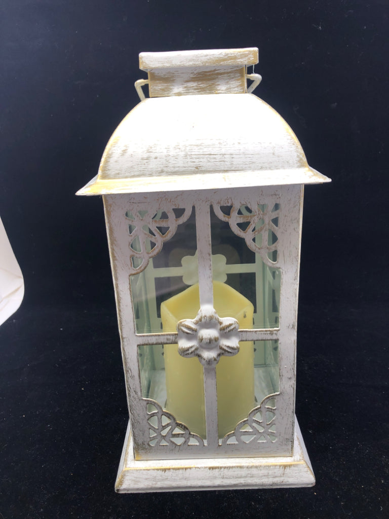 DISTRESSED WHITE METAL SOLAR LANTERN W/ CANDLE.