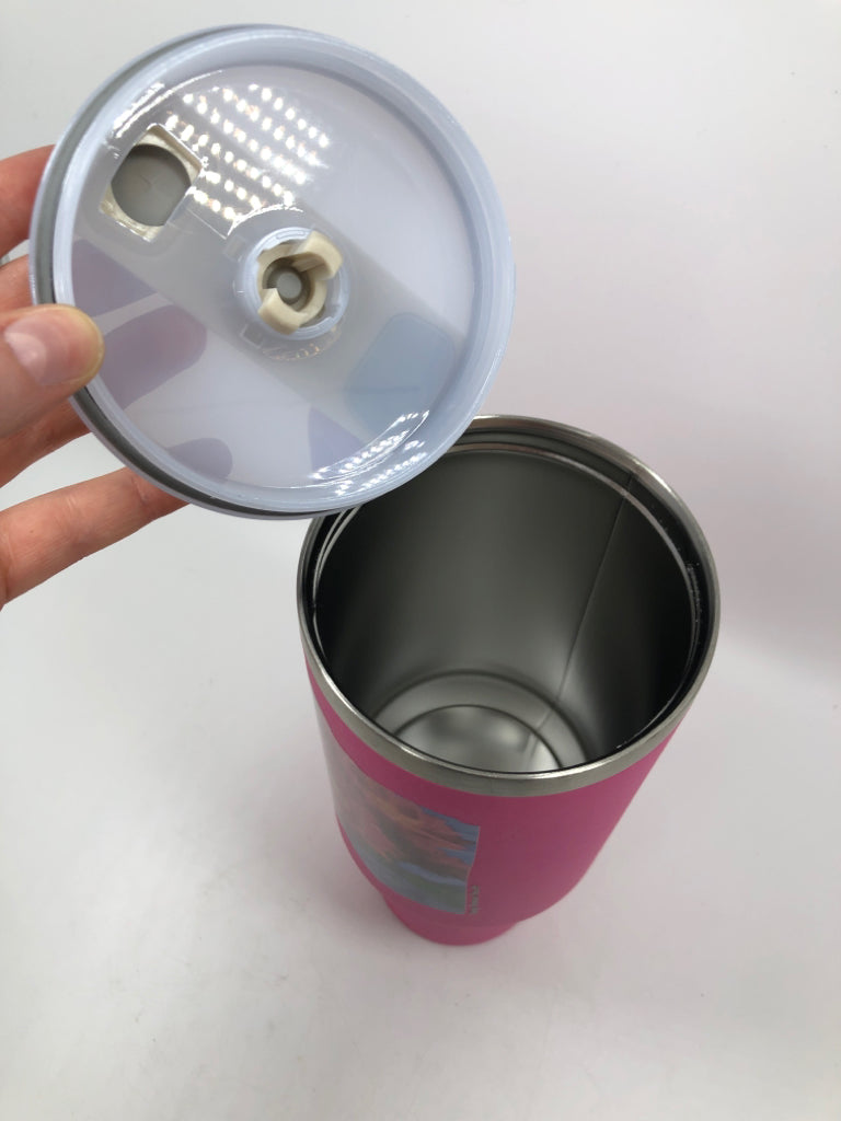 LARGE HOT PINK CUP W/FLORAL ART DECAL.
