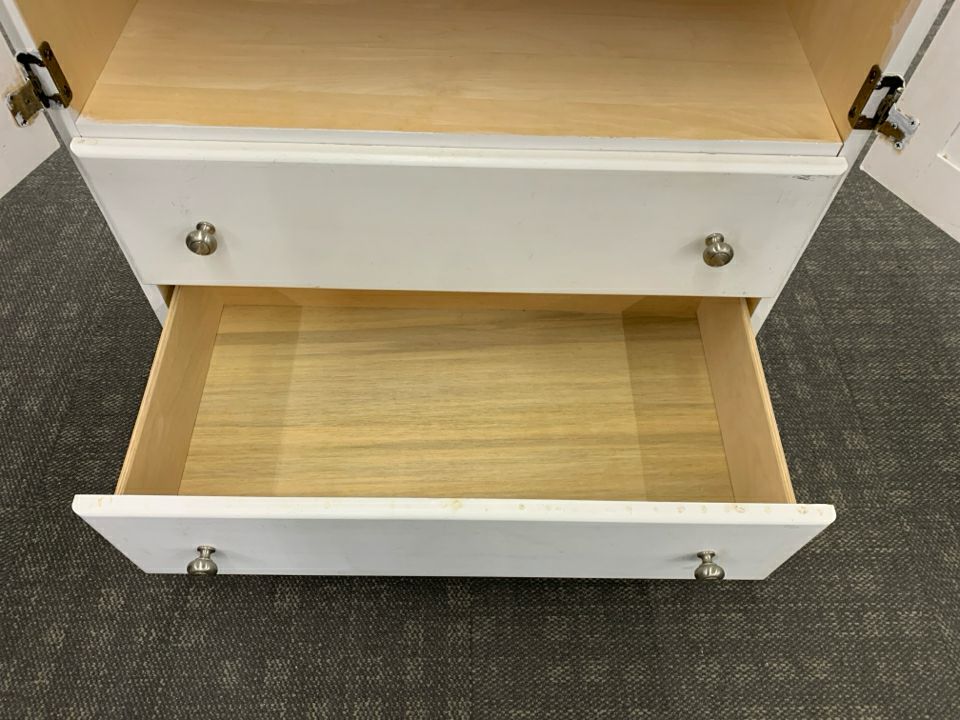 WHITE PAINTED WOOD DRESSER CABINET W/ SHELVES + 2 BOTTOM DRAWERS.