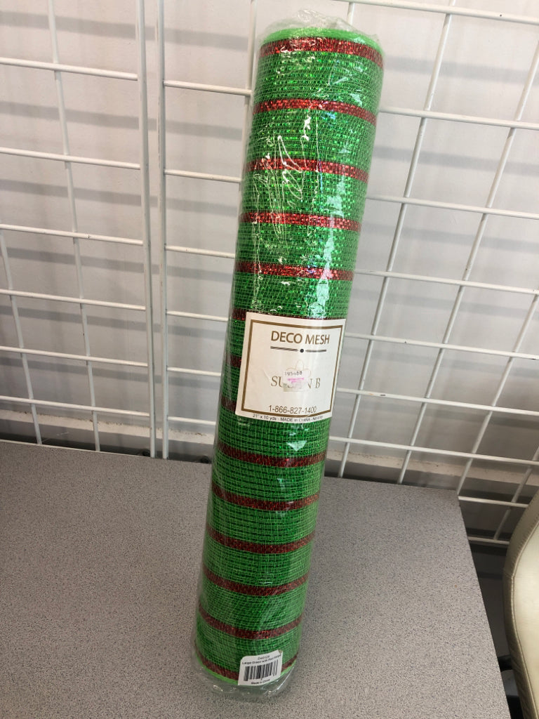 NIP GREEN W/RED STRIPE DECORATIVE MESH.