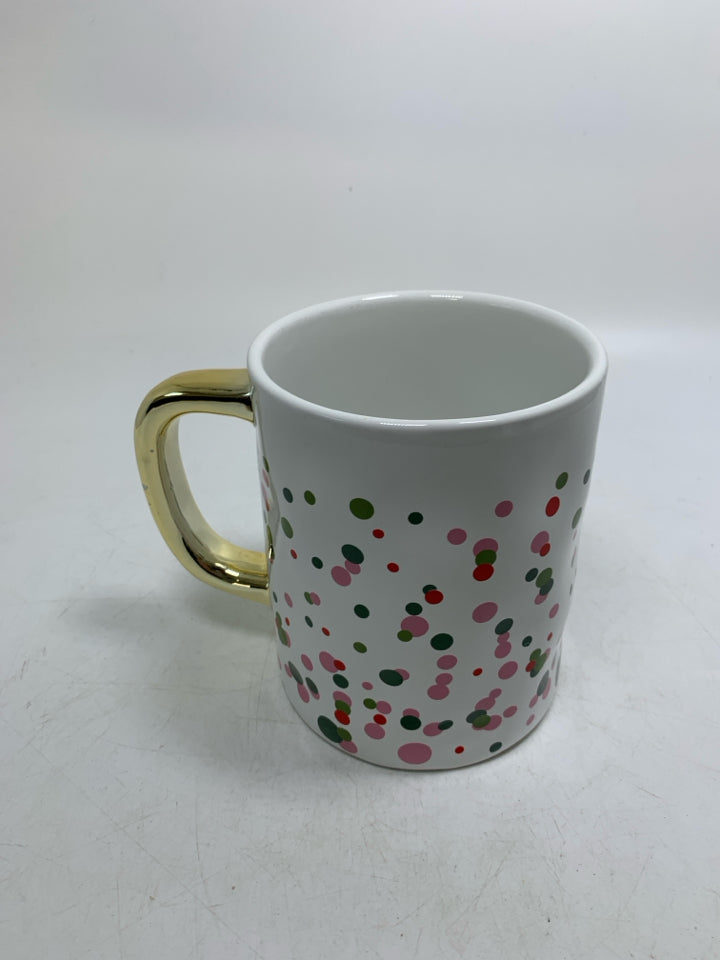 LARGE MONOGRAM L MUG W/ COLORED POLKA DOTS.