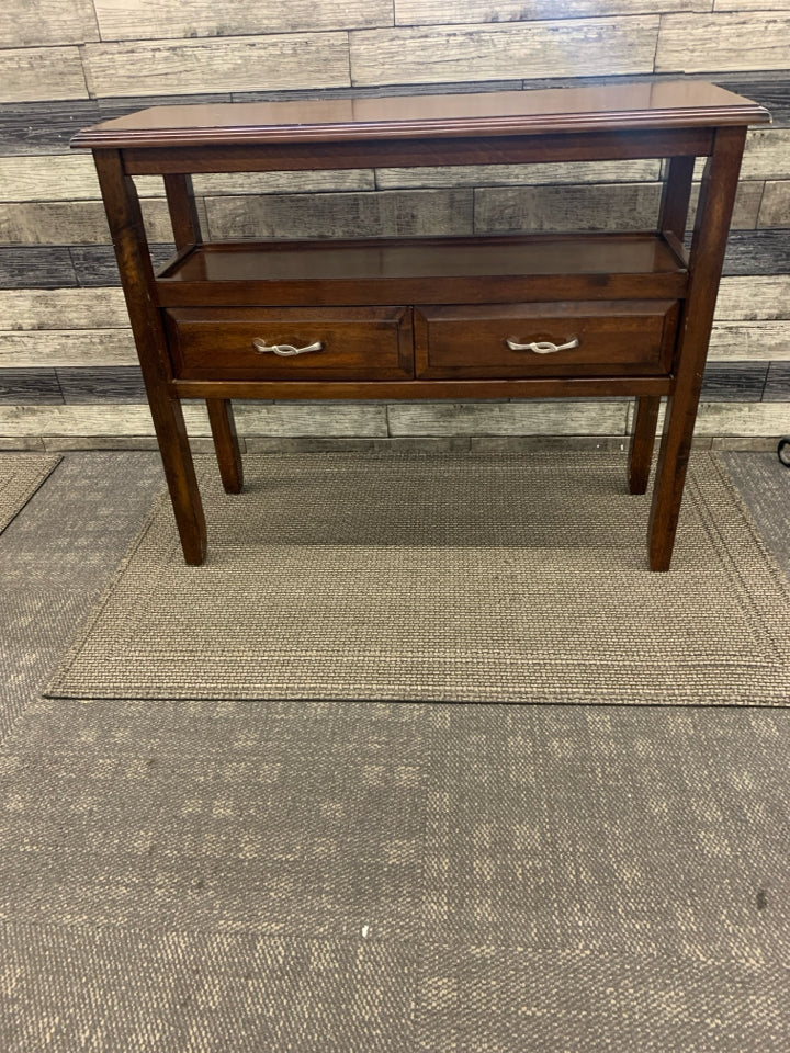 DARK WOOD CONSOLE TABLE W/ SILVER HARDWARE 2 DRAWERS+ SHELF.