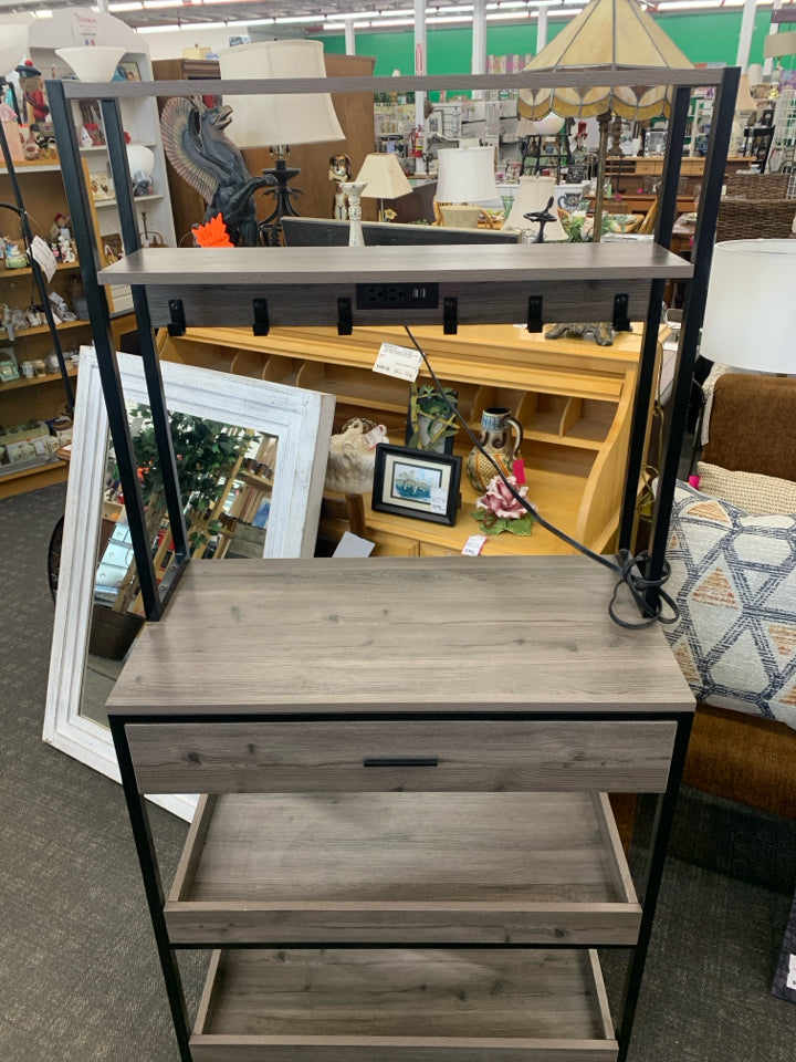 RUSTIC GREY, BLACK METAL BAKERS RACK- PLUG/USB OUTLETS.