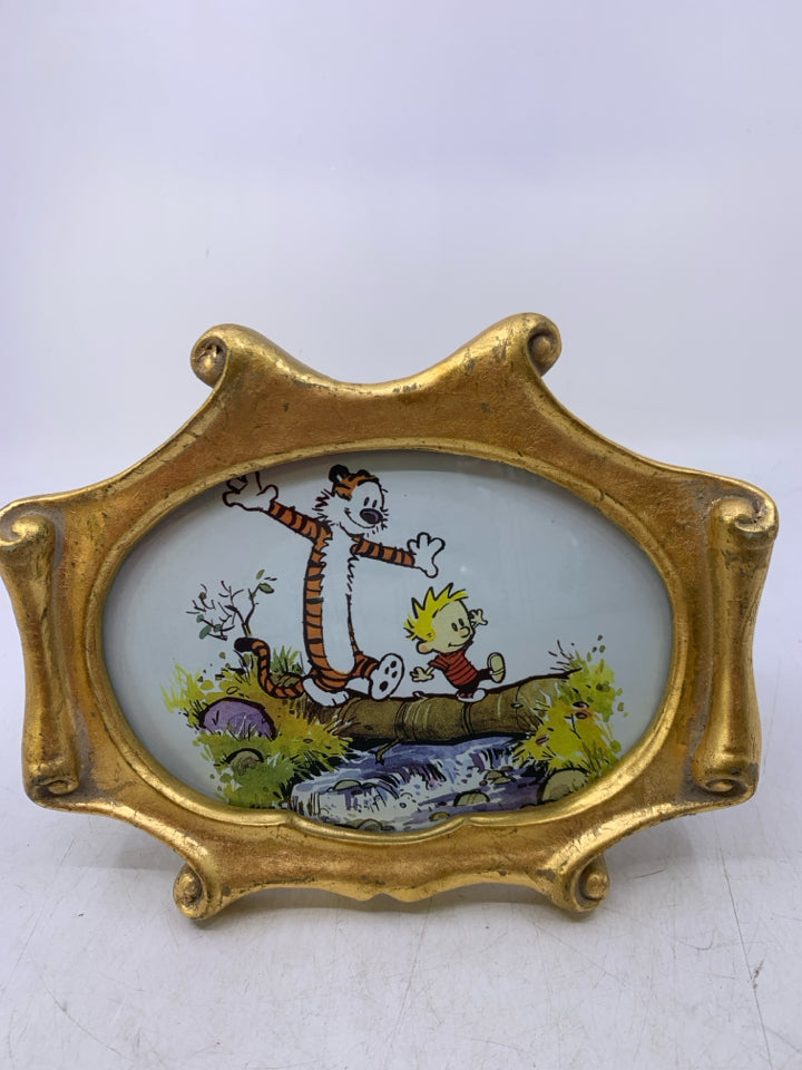 OVAL W/ GOLD FRAME TIGER AND KID WALKING ON LOG.