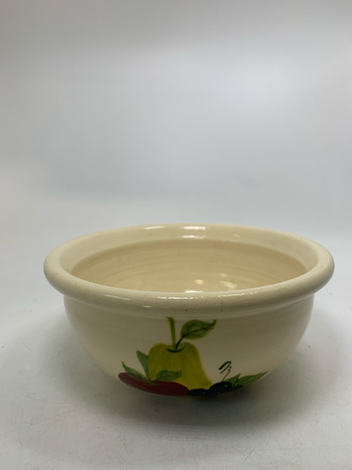 HEAVY POTTERY BOWL W/ GRAPES APPLE & PEAR PAINTED.