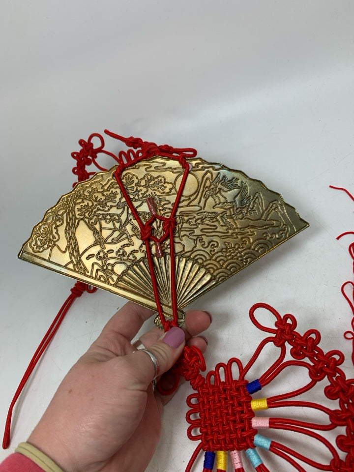 ASIAN STYLE METAL FAN W/ SCENE BRAIDED ROPE.