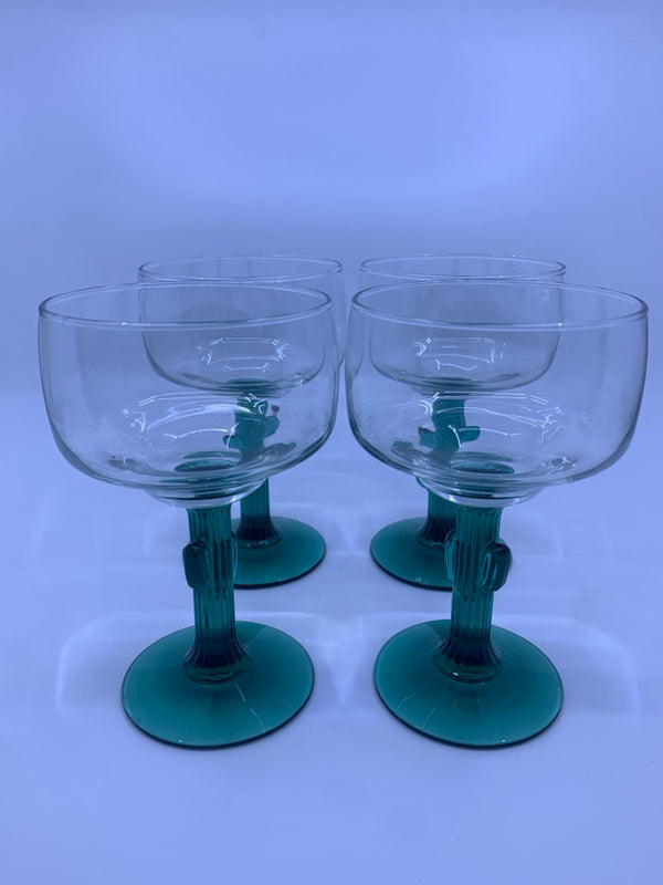 4 GREEN CACTUS STEM GLASSES.