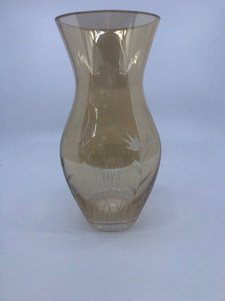 ETCHED GLASS FLORAL VASE W FLARED TOP/HOURGLASS SHAPE.