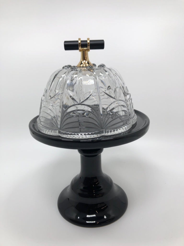 BLACK CERAMIC DESSERT STAND W/CUT GLASS LID.