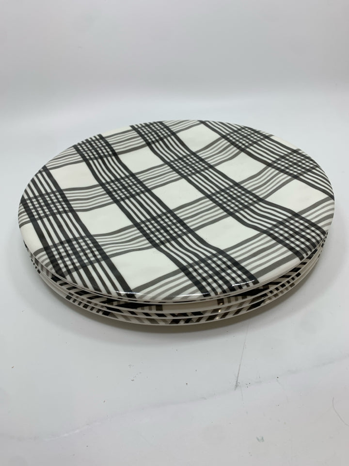 5 BLACK PLAID MELAMINE PLATES.
