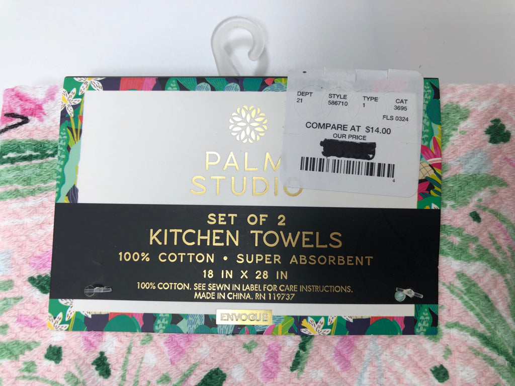 NWT 2 PALM TREE+FLAMINGO KITCHEN TOWELS.