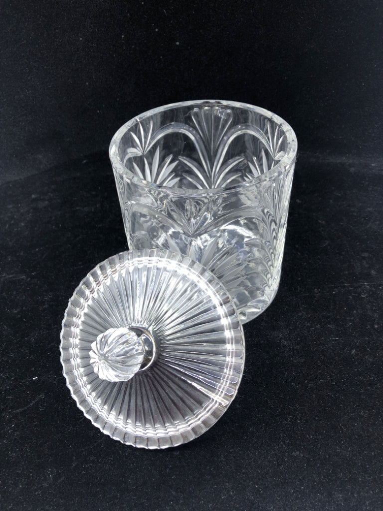 HEAVY CUT GLASS CANISTER W LID.