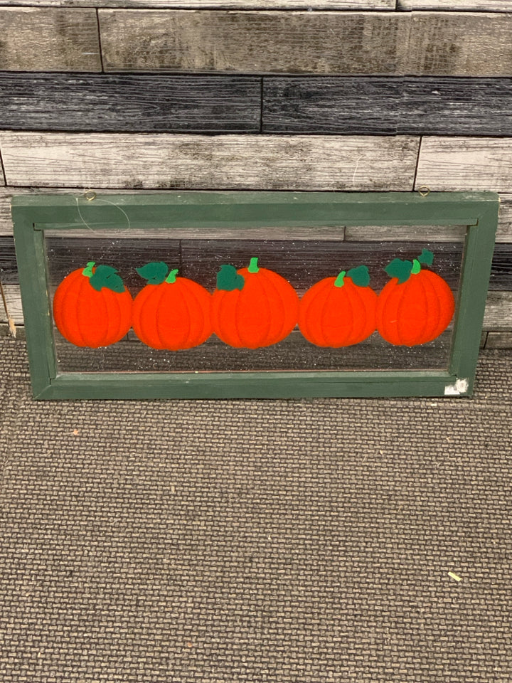 JACK O LANTERNS PAINTED GLASS IN GREEN WOOD FRAME.