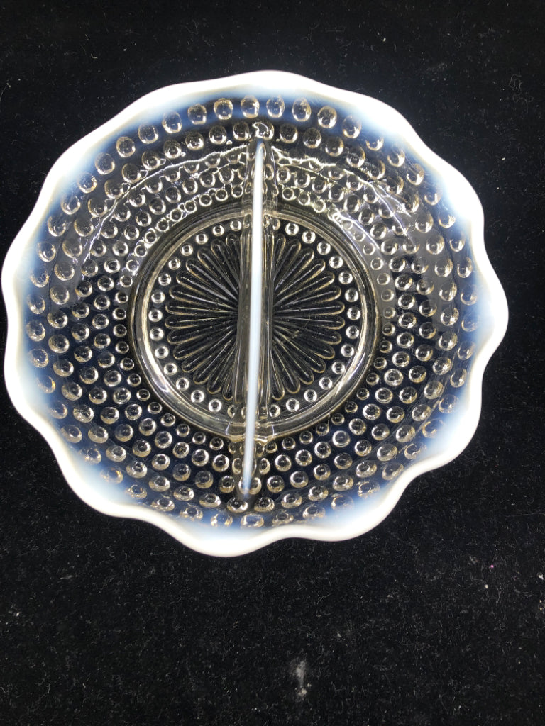 VTG CLEAR HOBNAIL DIVIDED DISH W/ WHITE EDGE.