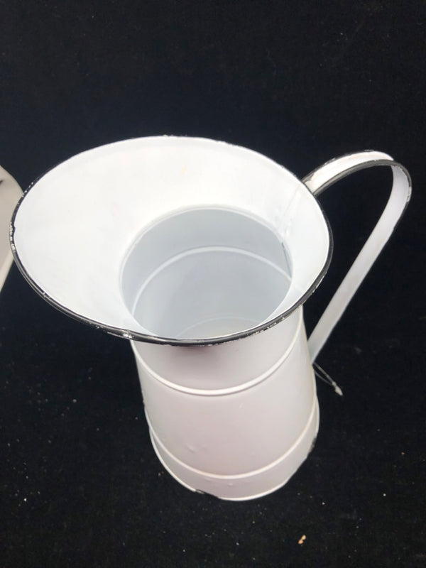 WHITE W BLACK RIM TIN PITCHER.