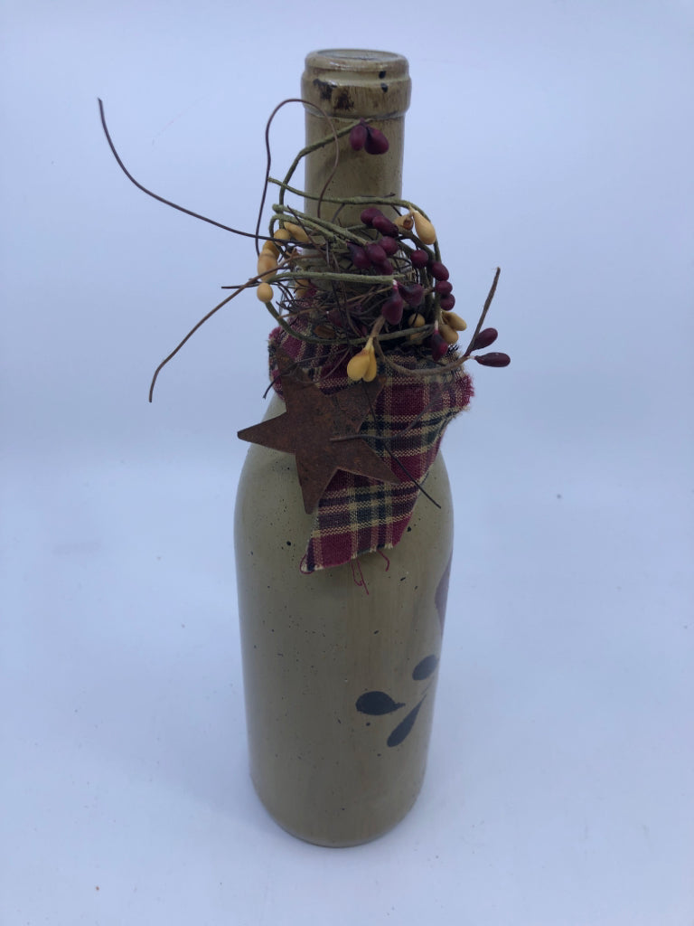TALL PRIMITIVE BOTTLE W HEART AND PIP BERRIES.