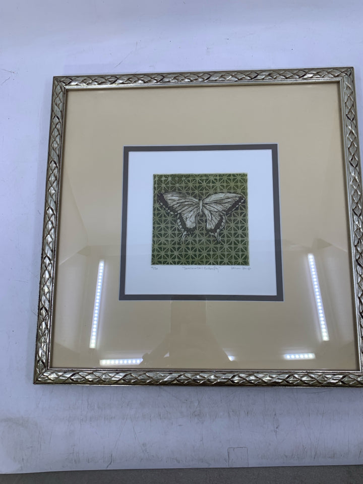 SWALLOW BUTTERFLY ETCHING SIGNED BY ARTIST IN GOLD DETAILED FRAME.
