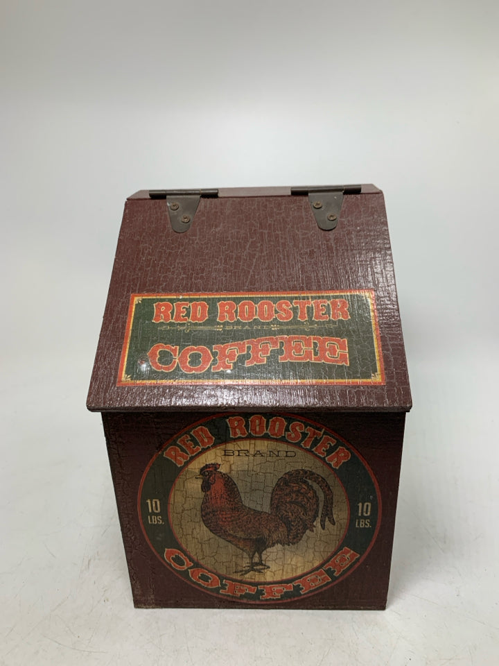 RUSTIC RED ROOSTER COFFEE BIN W/ FLAP LID DECORATIVE.