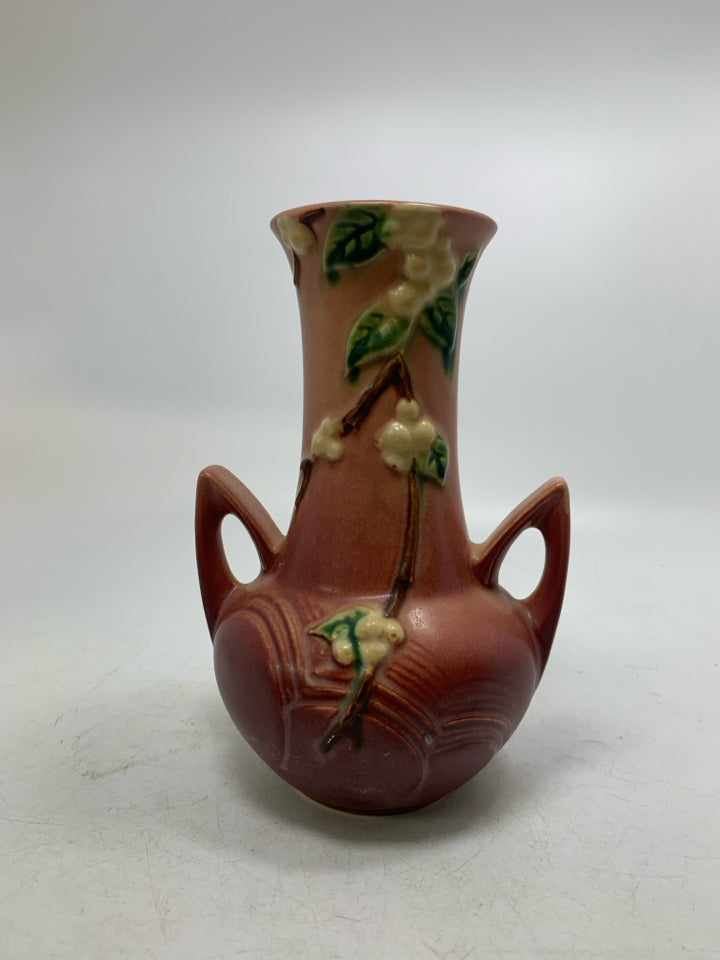 VTG SNOWBERRY VASE W/ DOUBLE HANDLE.