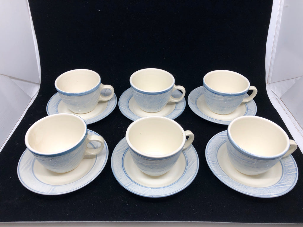 12 PC BLUE AND WHITE CUP AND SAUCER SET- 6 CUPS, 6 SAUCERS.