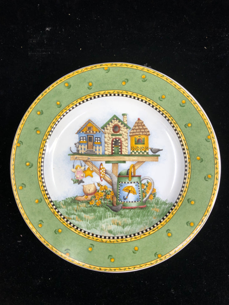 VTG GREEN RIMMED LUNCH PLATES W BIRDHOUSES.