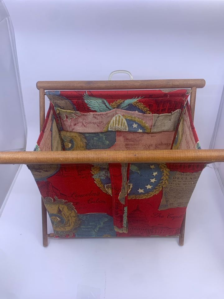 VTG FOLDING FABRIC SEWING BASKET- AMERICANA DECOR W/WOOD.